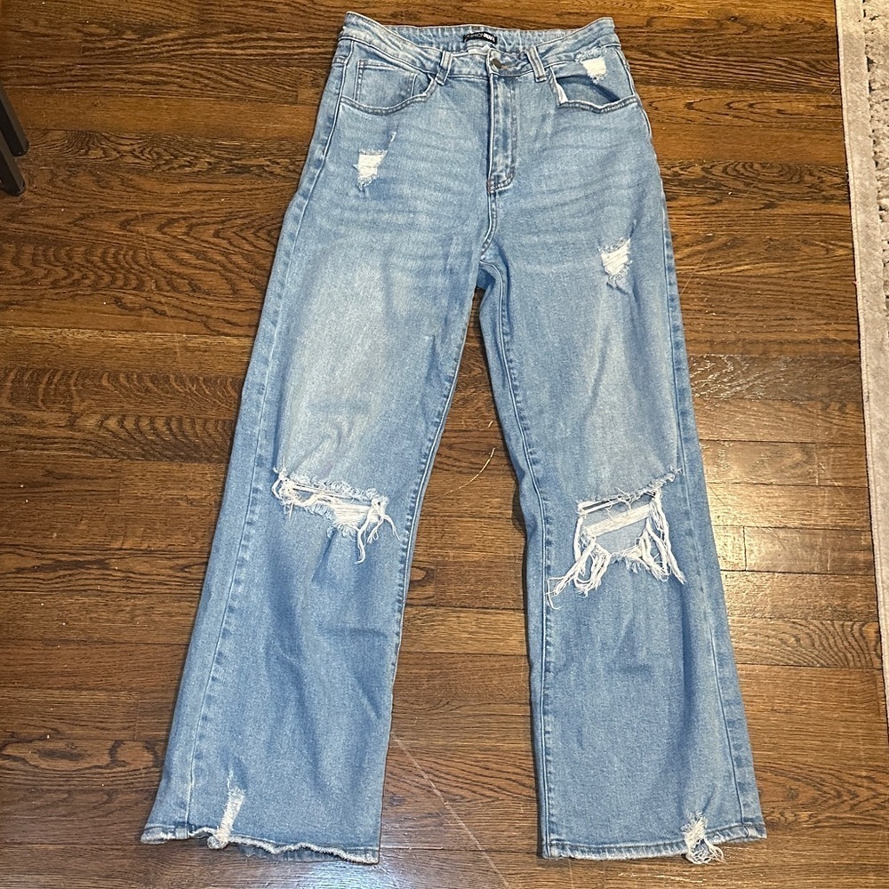 Fashion Nova Light Blue Distressed Flare Jeans